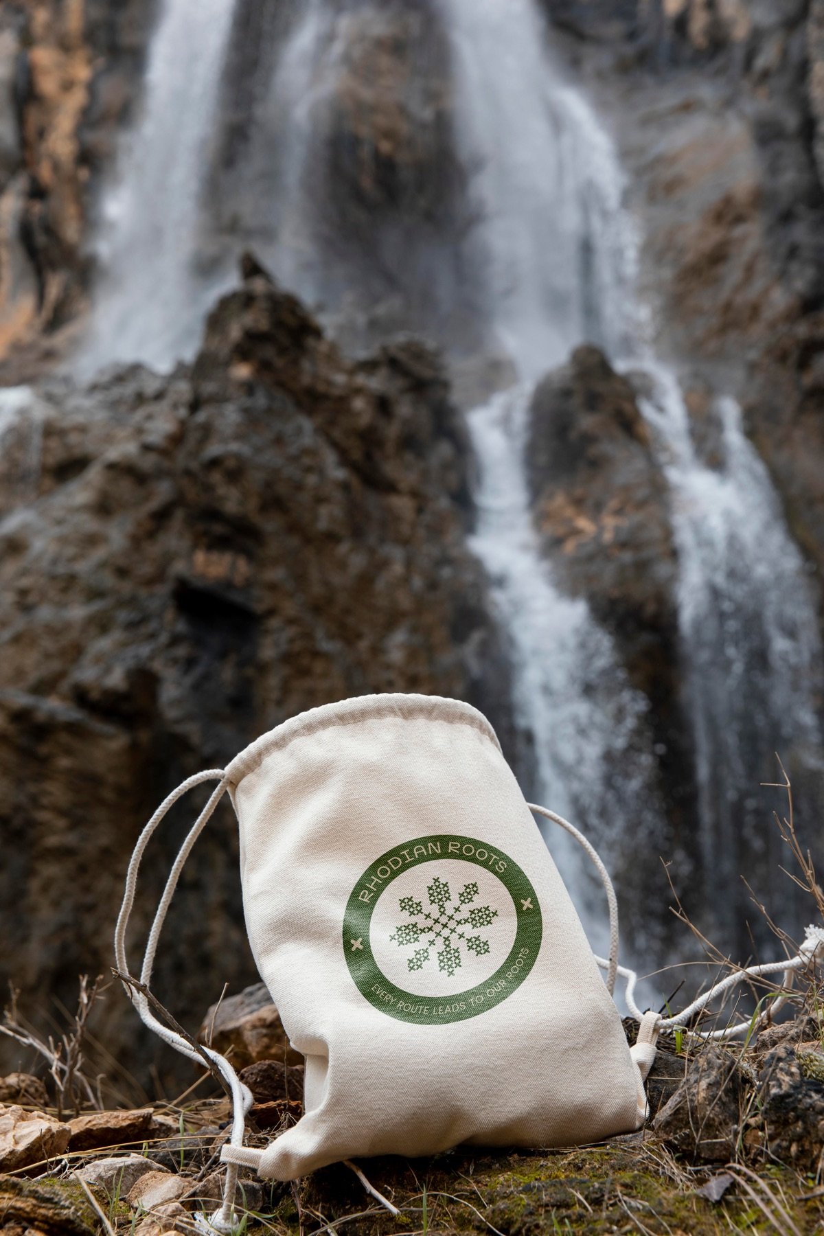 Rhodian Roots drawstring bag with the emblem
