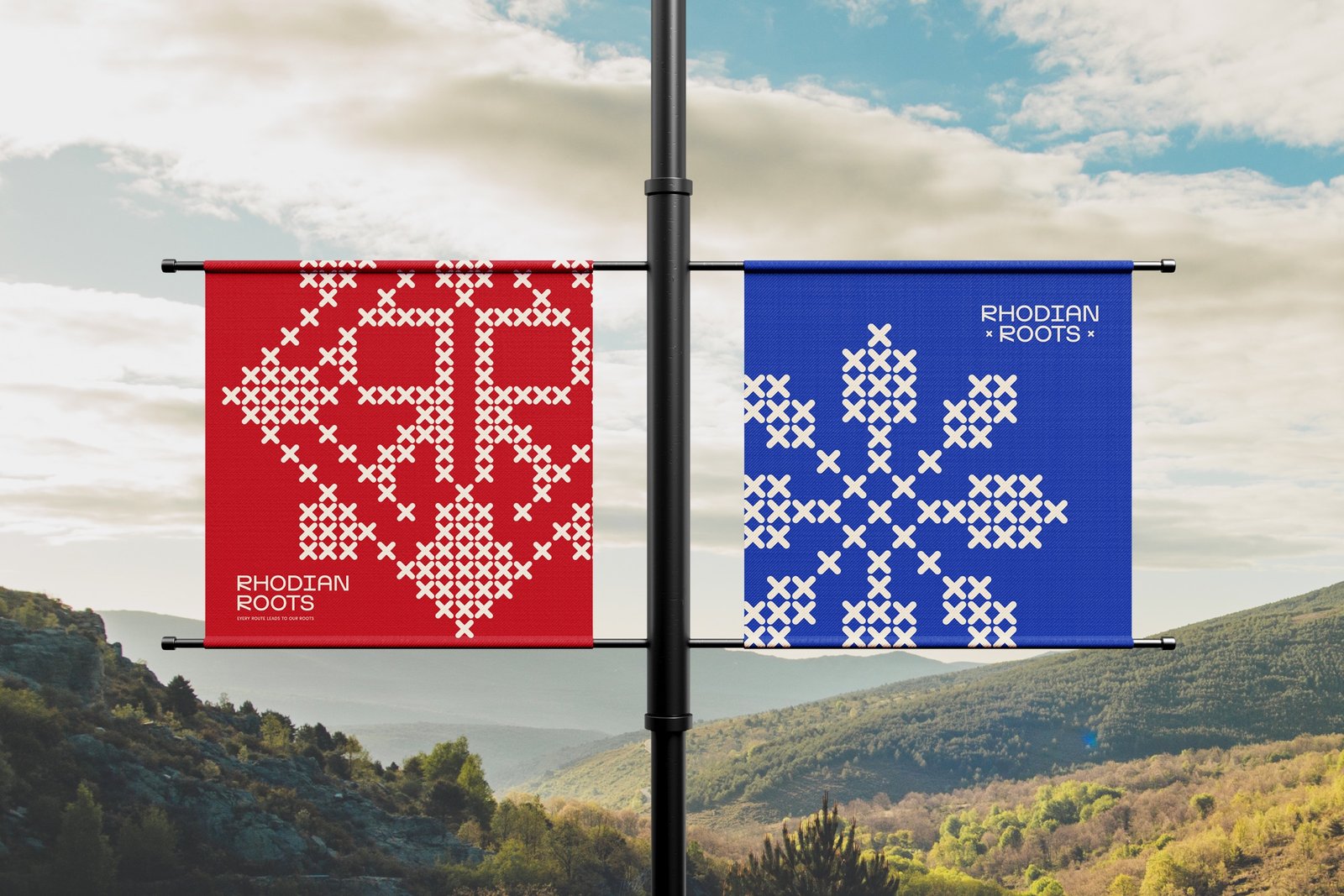 Rhodian Roots street banners in red and blue