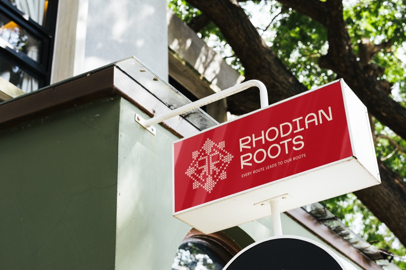 Rhodian Roots hanging sign