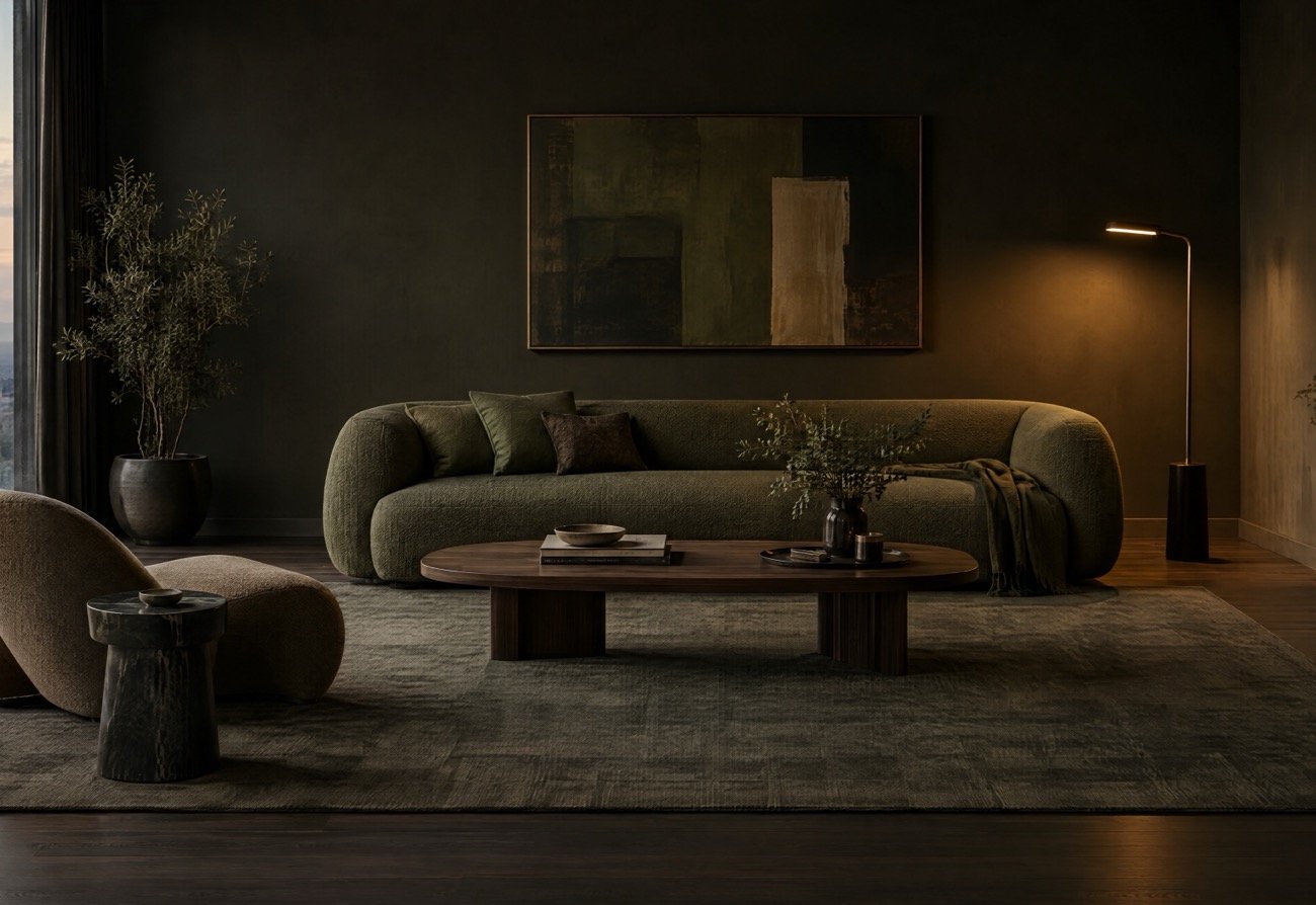 Modern living room with an olive boucle sofa and walnut coffee table