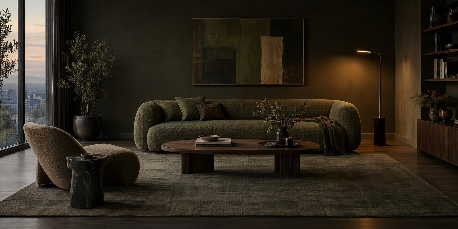 Modern living room with an olive boucle sofa and walnut coffee table