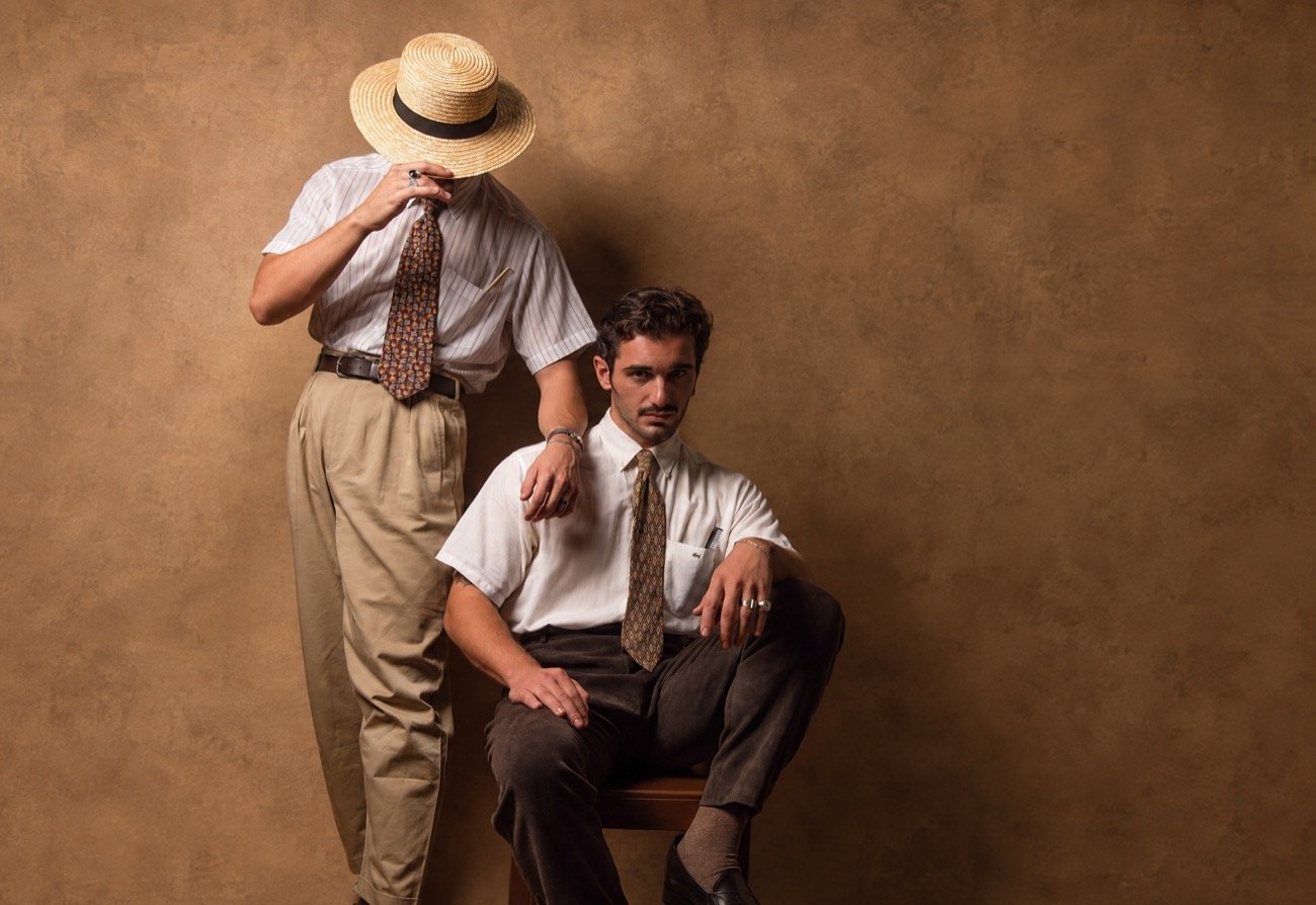 Great Reverie - two men in vintage shirts and ties against a warm brown backdrop