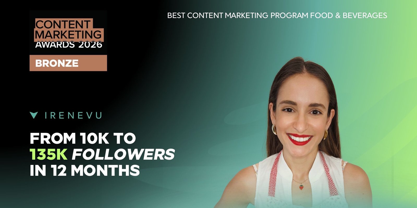 Irene Voulkou smiling, with the Bronze badge of the Content Marketing Awards 2026