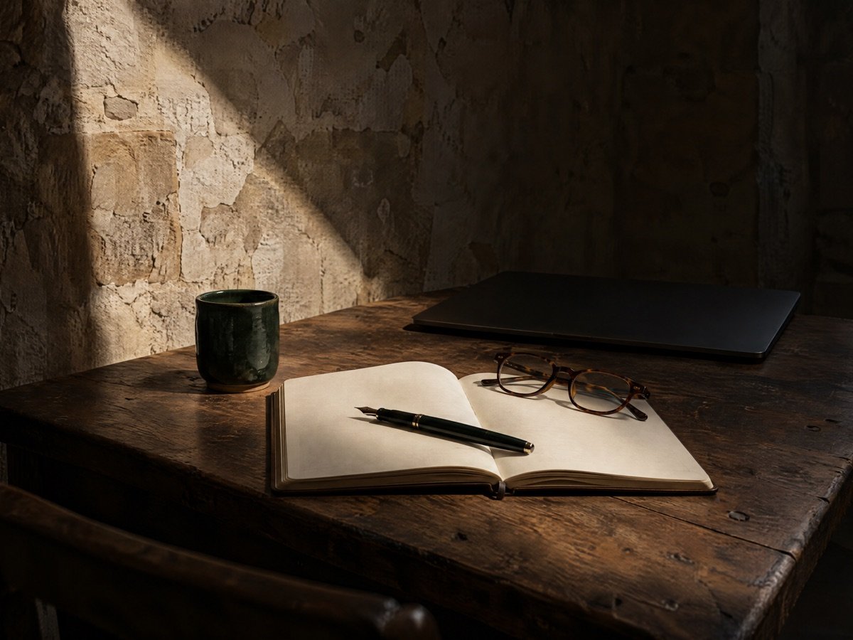 Open notebook with blank pages, a fountain pen and reading glasses on an old wooden desk in a stone room in Rhodes, with a closed laptop in the shadows behind