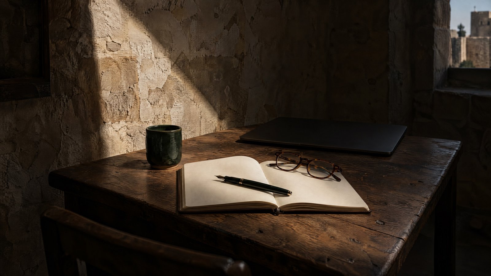 Open notebook with blank pages, a fountain pen and reading glasses on an old wooden desk in a stone room in Rhodes, with a closed laptop in the shadows behind