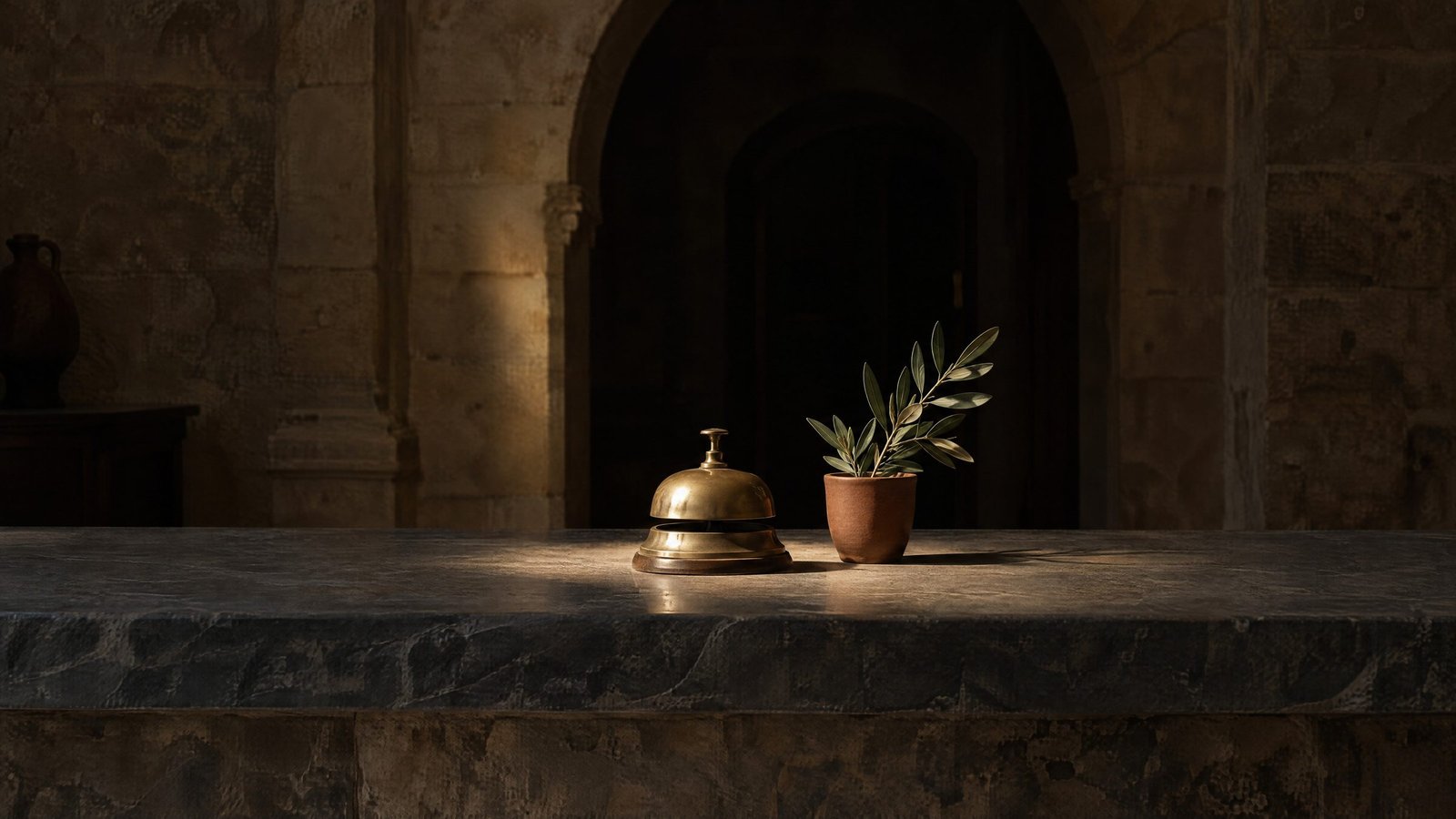 A plain brass reception bell on a dark stone counter in an old Rhodes building, lit by a single beam of sun, next to a terracotta cup with a sprig of green olive leaves and an arched doorway in shadow behind