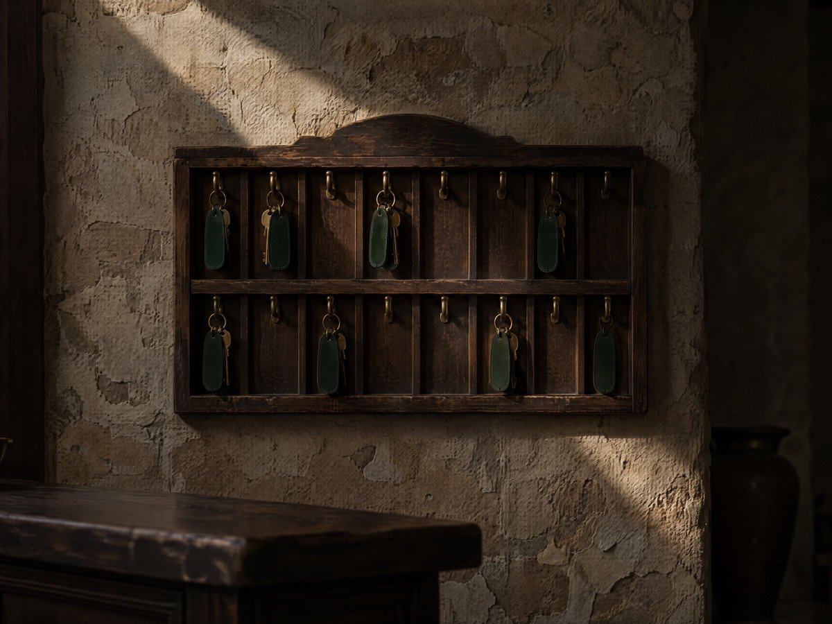 Old wooden key rack on a stone wall behind a hotel reception desk in Rhodes, with brass keys on green leather tags hanging from only half of the hooks