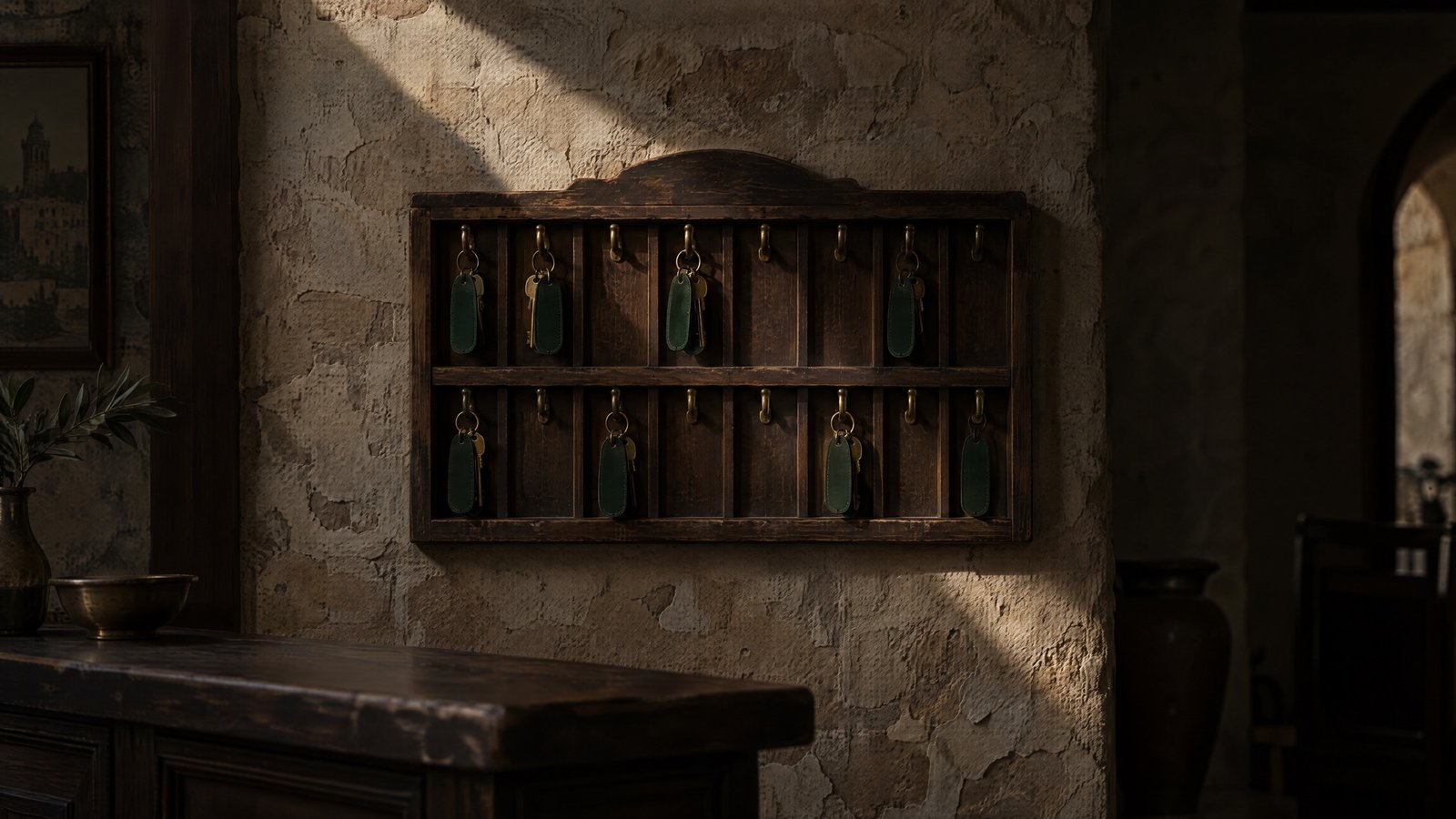 Old wooden key rack on a stone wall behind a hotel reception desk in Rhodes, with brass keys on green leather tags hanging from only half of the hooks