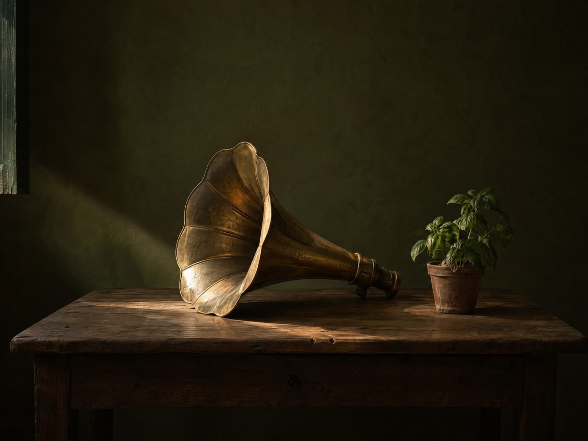 An old brass gramophone horn lying on its side on a weathered wooden table, lit by a single beam of sunlight from a window with a green shutter, next to a small pot of basil