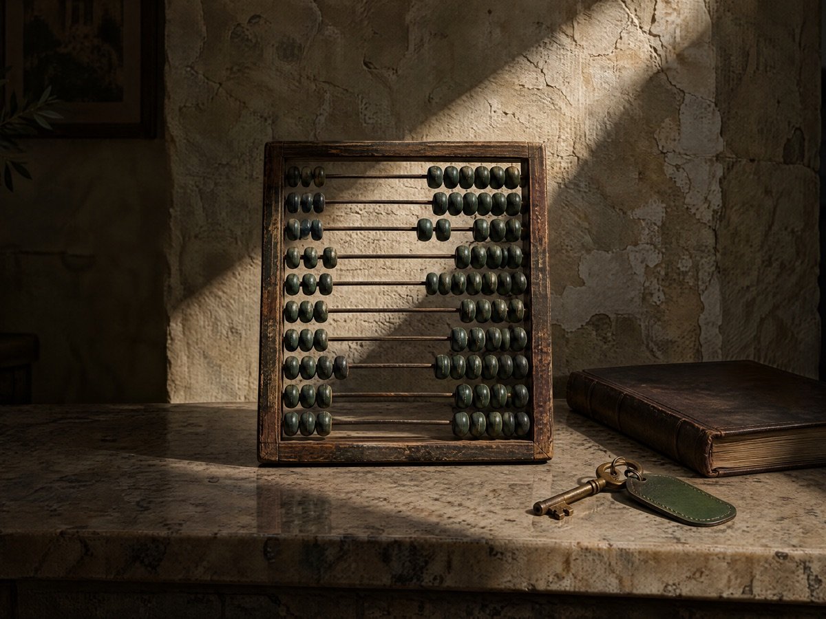 Old wooden abacus with dark green beads on a stone hotel reception counter in Rhodes, beside a brass room key and a leather-bound ledger
