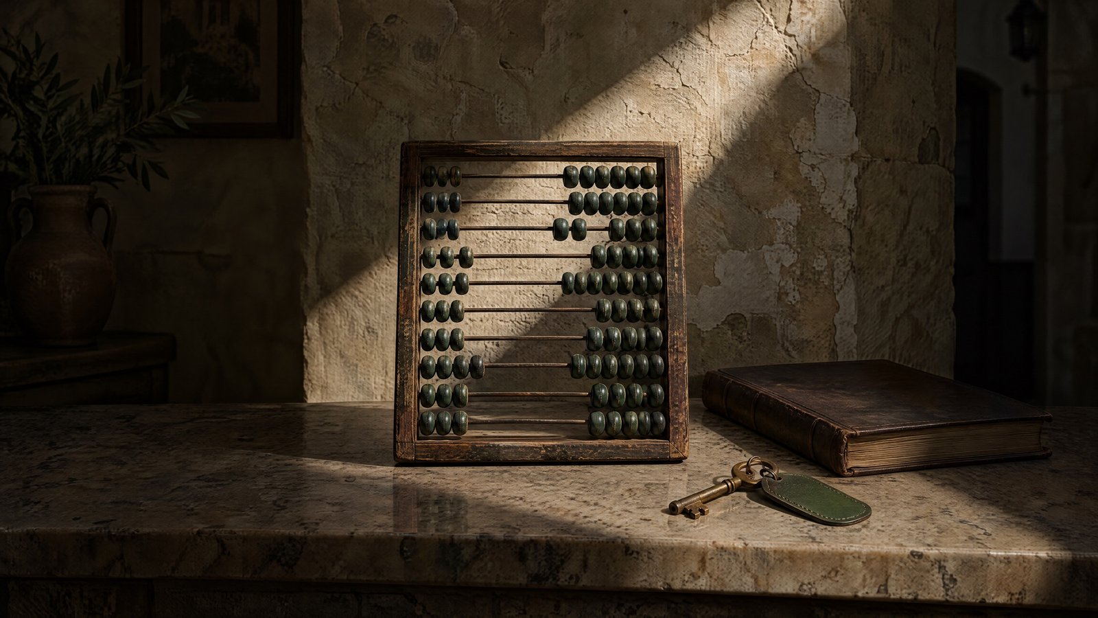 Old wooden abacus with dark green beads on a stone hotel reception counter in Rhodes, beside a brass room key and a leather-bound ledger