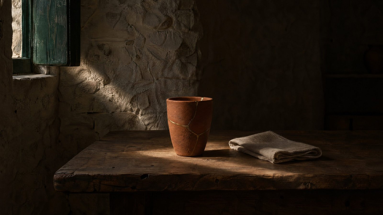 A handmade terracotta cup mended with thin brass seams on a worn wooden table, lit by a beam of morning sun from a window with a green shutter, next to a folded linen napkin