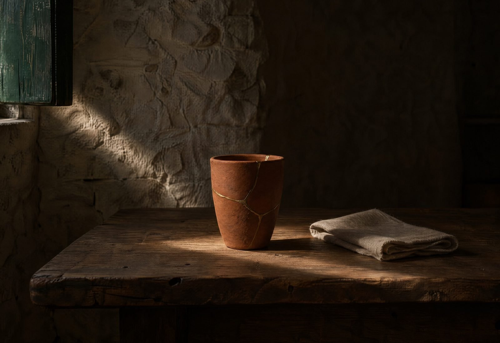 A handmade terracotta cup mended with thin brass seams on a worn wooden table, lit by a beam of morning sun from a window with a green shutter, next to a folded linen napkin