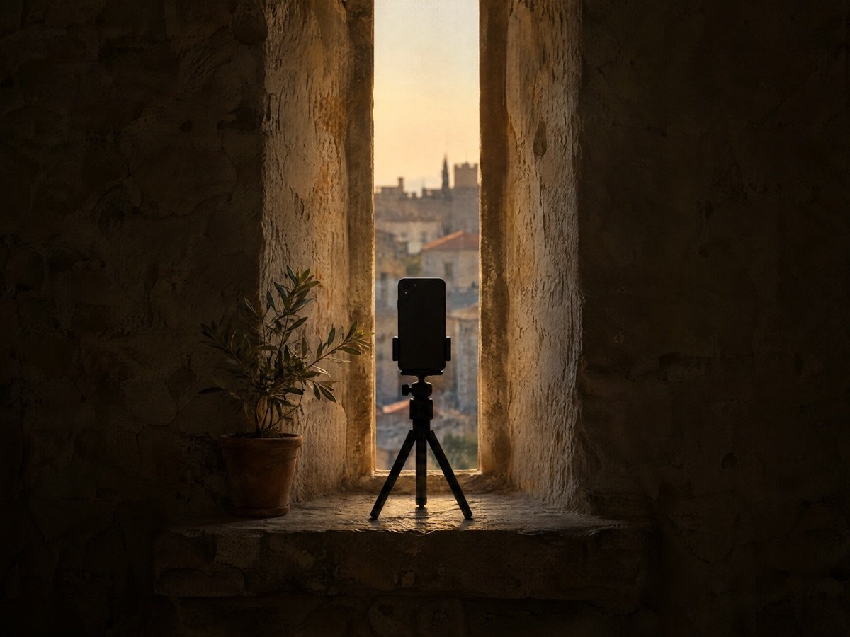 Smartphone on a small tripod in silhouette on the stone sill of a narrow vertical window, looking out over the Old Town of Rhodes at sunset, with an olive plant beside it