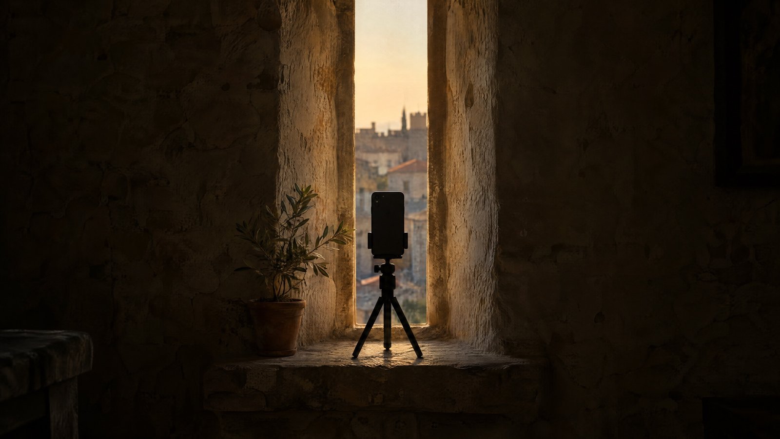 Smartphone on a small tripod in silhouette on the stone sill of a narrow vertical window, looking out over the Old Town of Rhodes at sunset, with an olive plant beside it