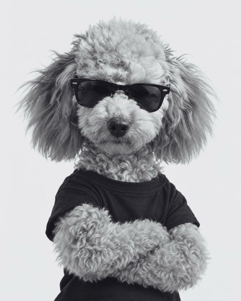 Vivi, the studio dog and Marketing Patrol at Vibrande, in sunglasses and a black T-shirt